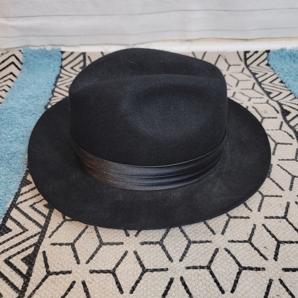 FERRECCI BLACK WOOL FEDORA HAT W RIBBON TRIM & FEATHER SZ MEDIUM main image 11